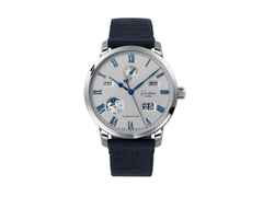 Glashütte Original Senator Excellence Ewiger Kalender Automatik Edelstahl 42mm silbergraues Zifferblatt blaues Textilband – Herrenuhren Uhr mit Kalender aus Edelstahl. Das Gehäuse ist rund und silber. Das Textilarmband ist blau. Das Zifferblatt ist römisch und grau.