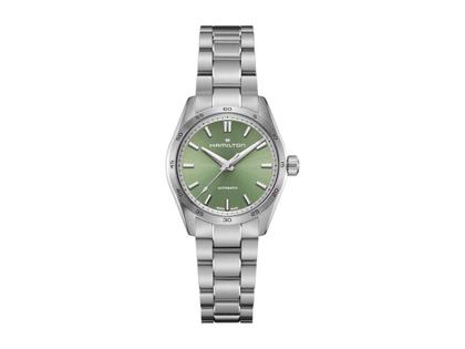 Damenuhren Uhr ohne Datum aus Edelstahl. Das Gehäuse ist rund und silber. Das Edelstahlarmband ist silber. Das Zifferblatt ist arabisch Index und grün.