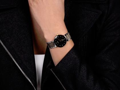 Rado Florence Classic Diamonds Quarz Edelstahl 30 mm schwarz Edelstahlband bicolor – Damenuhren Uhr mit Datum aus Edelstahl und PVD beschichtet. Das Gehäuse ist rund und silber-gelbgold. Das Edelstahlarmband ist silber-gelbgold. Das Zifferblatt ist ein Index in schwarz. – Ansicht 6