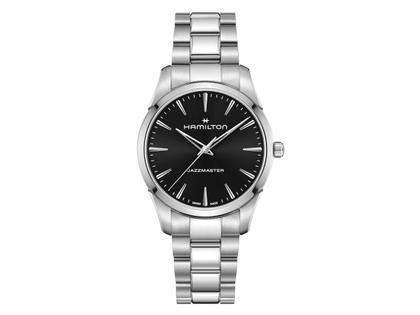 Hamilton Jazzmaster Quartz Edelstahl 40mm schwarzes Zifferblatt Metallband – Herrenuhren Uhr ohne Datum aus Edelstahl. Das Gehäuse ist rund und silber. Das Edelstahlarmband ist silber. Das Zifferblatt ist ein Index in schwarz.
