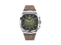 Glashütte Original Seventies Chronograph Panoramadatum Automatik Edelstahl 40mm Fab Green braunes Lederband – Herrenuhren Chronograph aus Edelstahl. Das Gehäuse ist quadratisch und silber. Das Lederarmband ist braun. Das Zifferblatt ist ein Index in grün.