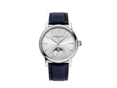 Frederique Constant Classic Moonphase Date Manufacture Automatik Edelstahl 40mm silberfarbenes Zifferblatt blaues Lederband – Herrenuhren Uhr mit Datum aus Edelstahl und Leder. Das Gehäuse ist rund und silber. Das Lederarmband Kroko / Alligator ist blau. Das Zifferblatt ist ein Index in weiß.