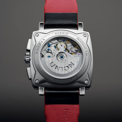 Union Glashütte Averin Chronograph Automatik Edelstahl 41mm schwarzes Zifferblatt schwarzes Lederband – Herrenuhren Chronograph aus Edelstahl. Das Gehäuse ist quadratisch und silber. Das Lederarmband ist schwarz. Das Zifferblatt ist ein Index in schwarz. – Ansicht 5