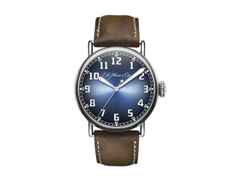 H. Moser & Cie. Heritage Centre Seconds Funky Blue Automatik Edelstahl 42mm blaues Zifferblatt braunes Lederband – Herrenuhren Uhr ohne Datum aus Edelstahl. Das Gehäuse ist rund und silber. Das Lederarmband ist braun. Das Zifferblatt ist arabisch und blau.