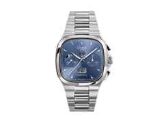 Glashütte Original Seventies Chronograph blaues Zifferblatt Metallband – Herrenuhren Chronograph aus Edelstahl. Das Gehäuse ist quadratisch und silber. Das Edelstahlarmband ist silber. Das Zifferblatt ist ein Index in blau.