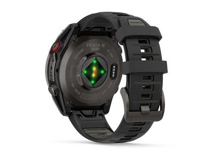 Garmin fenix 8 Pro 47mm AMOLED faserverstärktes Polymer und Titan DLC-Carbongrau digitales Zifferblatt schwarzes Silikonband – Herrenuhren Uhr Multifunktion aus DLC beschichtet, Kunststoff und Titan. Das Gehäuse ist rund und grau. Das Kautschuk / Kunststoff / Silikon Armband ist schwarz. Das Zifferblatt ist digital und schwarz. – Ansicht 3