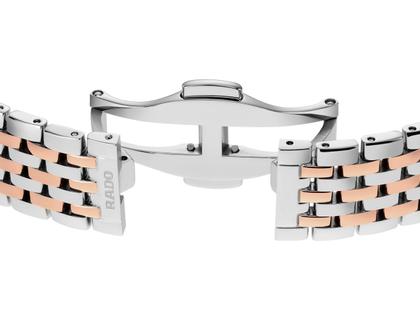 Rado Florence Classic Diamonds Quarz Edelstahl 30 mm braun Edelstahlband bicolor – Damenuhren Uhr mit Datum aus Edelstahl und PVD beschichtet. Das Gehäuse ist rund und roségold. Das Edelstahlarmband ist silber-roségold. Das Zifferblatt ist ein Index in braun. – Ansicht 5