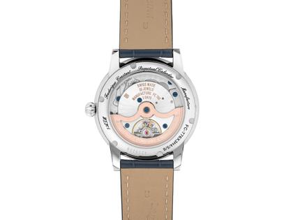 Frederique Constant Classics Worldtimer Manufacture GMT Automatik Edelstahl 42mm blaues Zifferblatt Lapislazuli blaues Lederband Limited Edition – Herrenuhren Uhr mit Datum aus Edelstahl und Leder. Das Gehäuse ist rund und silber. Das Lederarmband Kroko / Alligator ist blau. Das Zifferblatt ist ein Index in blau. – Ansicht 2