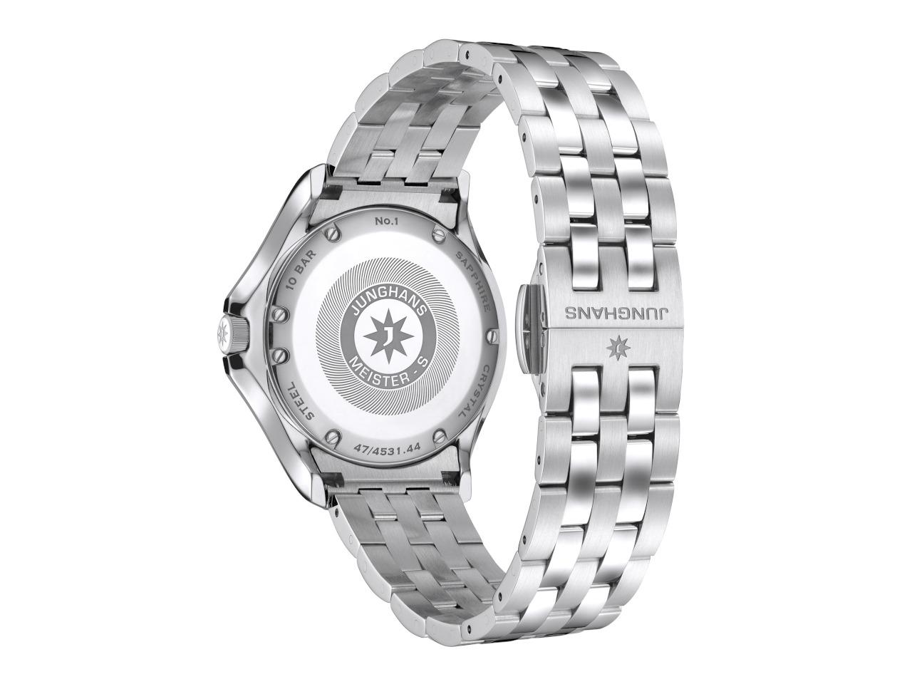 Junghans Meister S Quarz Edelstahl 35mm violettes Zifferblatt Metallband – Damenuhren Uhr mit Datum aus Edelstahl. Das Gehäuse ist rund und silber. Das Edelstahlarmband ist silber. Das Zifferblatt ist ein Index in lila. – Ansicht 2