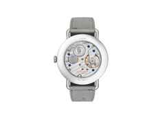 Nomos Glashütte Metro 33 Muted Red Handaufzug Edelstahl 33mm rotes Zifferblatt graues Lederband Glasboden – Damenuhren Uhr ohne Datum aus Edelstahl und Leder. Das Gehäuse ist rund und silber. Das Lederarmband ist grau. Das Zifferblatt ist ein Index in rot. – Ansicht 2