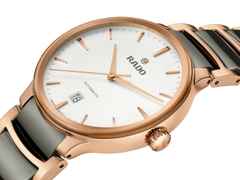 Rado Centrix Automatik Edelstahl Roségold-PVD 39,5mm weißes Zifferblatt Metallband – Herrenuhren Uhr mit Datum aus Edelstahl, Keramik und PVD beschichtet. Das Gehäuse ist rund und roségold. Das Keramikarmband ist grau. Das Zifferblatt ist ein Index in weiß. – Ansicht 2