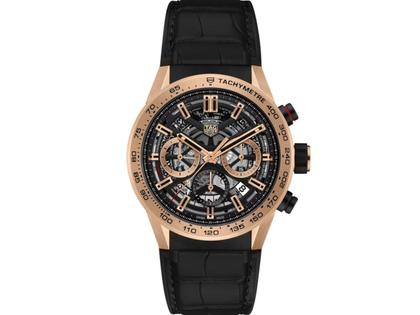 TAG Heuer Carrera Chronograph Automatik Rosegold 45mm schwarzes Zifferblatt schwarzes Lederband – Herrenuhren Chronograph aus 750 Rotgold, Edelstahl, Keramik und PVD beschichtet.