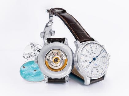 MeisterSinger Bell Hora Emaille Edition Edelstahl – Herrenuhren Uhr ohne Datum aus Edelstahl und Leder. Das Gehäuse ist rund und silber. Das Lederarmband ist braun. Das Zifferblatt ist arabisch und weiß.
