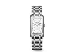 Longines DolceVita  Medium Quarz Edelstahl 23x37mm weißes Zifferblatt Metallband – Damenuhren Uhr ohne Datum aus Edelstahl. Das Gehäuse ist rechteckig und silber. Das Lederarmband Kroko / Alligator ist silber. Das Zifferblatt ist ein Index in weiß.