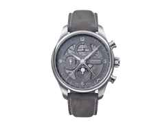 Union Glashütte Belisar Chronograph Mondphase Automatik Edelstahl 44mm graues Zifferblatt graues Lederband – Herrenuhren Chronograph aus Edelstahl. Das Gehäuse ist rund und silber. Das Lederarmband ist grau. Das Zifferblatt ist arabisch Index und grau.