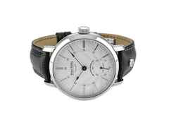 Bruno Söhnle Glashütte Mechanik Edition I Limited Edition Handaufzug Edelstahl 43mm weißes Zifferblatt schwarzes Lederband 17-11100-241 OVP Occasion – Herrenuhren Uhr ohne Datum aus Edelstahl. Das Gehäuse ist rund und silber. Das Lederarmband ist schwarz. Das Zifferblatt ist arabisch Index und silber.