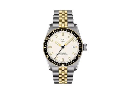 Herrenuhren Uhr mit Datum aus Edelstahl und PVD beschichtet. Das Gehäuse ist rund und silber. Das Edelstahlarmband ist silber-gelbgold. Das Zifferblatt ist ein Index in weiß.