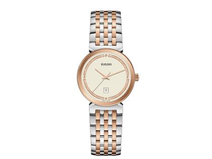 Rado Florence Quarz Edelstahl roségoldfarben-PVD 30mm beiges Zifferblatt zweifarbiges Metallband – Damenuhren Uhr mit Datum aus Edelstahl und PVD beschichtet. Das Gehäuse ist rund und silber-roségold. Das Edelstahlarmband ist silber-roségold. Das Zifferblatt ist ein Index in beige.