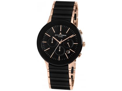 Jacques Lemans Quarz Dublin Chronograph Keramik schwarz  IP rosé Edelstahl schwarz Edelstahlband – Herrenuhren Chronograph aus Edelstahl, IP beschichtet und Keramik. Das Gehäuse ist rund und roségold. Das vergoldetes Edelstahlarmband ist schwarz. Das Zifferblatt ist ein Index in schwarz.