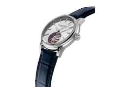Frederique Constant Classic Tourbillon Manufacture Automatik Edelstahl 40mm silberfarbenes Zifferblatt blaues Lederband Limited Edition – Herrenuhren Uhr ohne Datum aus Edelstahl. Das Gehäuse ist rund und silber. Das Lederarmband Kroko / Alligator ist blau. Das Zifferblatt ist ein Index in silber. – Ansicht 2