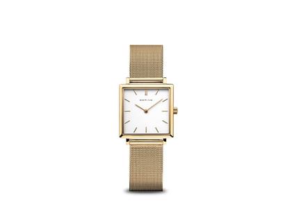 Bering Classic Quarz Edelstahl 26mm weißes Zifferblatt Metallband – Damenuhren Uhr ohne Datum aus Edelstahl. Das Gehäuse ist quadratisch und gelbgold. Das Edelstahlarmband ist gelbgold. Das Zifferblatt ist ein Index in weiß.