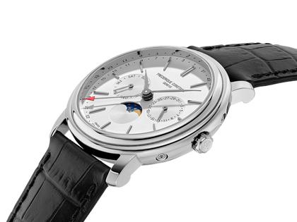 Frederique Constant Classics Index Business Timer Quarz Edelstahl 40mm silbernes Zifferblatt Lederband – Herrenuhren Uhr mit Datum aus Edelstahl und Leder. Das Gehäuse ist rund und silber. Das Lederarmband ist schwarz. Das Zifferblatt ist ein Index in silber. – Ansicht 2