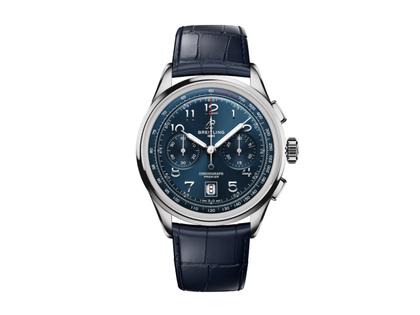 Herrenuhren Chronograph aus Edelstahl und Leder. Das Gehäuse ist rund und silber. Das Lederarmband Kroko / Alligator ist blau. Das Zifferblatt ist arabisch und blau.