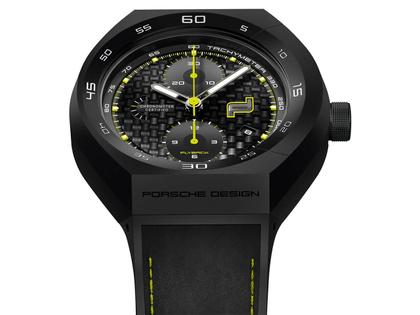 Porsche Design Monobloc  Actuator Chronotimer Flyback Acid Green – Herrenuhren Chronograph aus Titan und Titancarbid beschichtet. Das Gehäuse ist rund und schwarz. Das Kautschuk / Kunststoff / Silikon Armband ist schwarz. Das Zifferblatt ist ein Index in schwarz. – Ansicht 2