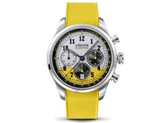 Union Glashütte Belisar Chronograph Speedster Limited Edition 2022 – Herrenuhren Chronograph aus Edelstahl. Das Gehäuse ist rund und silber. Das Lederarmband ist schwarz. Das Zifferblatt ist arabisch Index und gelb. – Ansicht 5