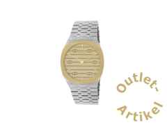 Gucci 25H Quarz Edelstahl 34mm goldenes Zifferblatt Metallband YA163403 – Damenuhren Uhr ohne Datum aus 750 Gelbgold, Edelstahl und vergoldet. Das Gehäuse ist rund und silber-gelbgold. Das Edelstahlarmband ist silber. Das Zifferblatt ist ein Index in gelbgold.