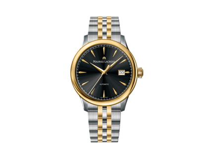 Maurice Lacroix 1975 Automatik Edelstahl 40mm schwarzes Zifferblatt zweifarbiges Metallband – Herrenuhren Uhr mit Datum aus Edelstahl und PVD beschichtet. Das Gehäuse ist rund und silber. Das Edelstahlarmband ist silber-gelbgold. Das Zifferblatt ist ein Index in schwarz.