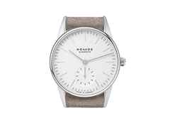 Nomos Glashütte Orion 33 Weiß Handaufzug Edelstahl 33mm weißes Zifferblatt braunes Lederband Glasboden – Damenuhren Uhr ohne Datum aus Edelstahl und Leder. Das Gehäuse ist rund und silber. Das Lederarmband ist beige. Das Zifferblatt ist ein Index in weiß. – Ansicht 3