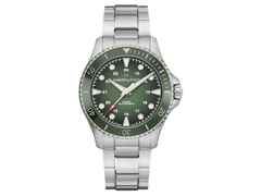 Hamilton Khaki Navy Scuba Automatic Edelstahl 43mm grünes Zifferblatt Metallband – Herrenuhren Uhr ohne Datum aus Edelstahl und Keramik. Das Gehäuse ist rund und silber. Das Edelstahlarmband ist silber. Das Zifferblatt ist arabisch Index und grün.