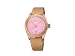 Oris Divers Sixty-Five Cotton Candy Automatik Bronze 38mm pinkes Zifferblatt braunes Lederband – Damenuhren Uhr mit Datum aus Bronze und Leder. Das Gehäuse ist rund und roségold. Das Lederarmband ist braun. Das Zifferblatt ist ein Index in rosa.