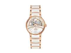 Rado Centrix Diamonds Automatik Open Heart Edelstahl Roségold-PVD 35mm weißes Zifferblatt mit Brillanten Metallband – Damenuhren Uhr ohne Datum aus Edelstahl, Keramik und PVD beschichtet. Das Gehäuse ist rund und roségold. Das Keramikarmband ist weiß. Das Zifferblatt ist ein Index in weiß.