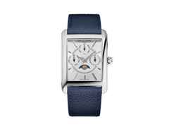 Frederique Constant Classics Carree Calendar Moonphase Quarz Edelstahl 42x30mm weißes Zifferblatt blaues Lederband – Herrenuhren Uhr mit Datum aus Edelstahl und Leder. Das Gehäuse ist rechteckig und silber. Das Lederarmband ist blau. Das Zifferblatt ist ein Index in weiß.