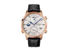 Glashütte Original Senator Cosmopolite Automatik Rotgold 44mm silberfarbenes Zifferblatt schwarzes Lederband – Herrenuhren Uhr mit Datum aus 750 Rotgold. Das Gehäuse ist rund und rotgold. Das Lederarmband Kroko / Alligator ist schwarz. Das Zifferblatt ist römisch und weiß.