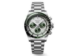 Longines Conquest Chronograph Automatik Edelstahl 42mm weiß-grünes Zifferblatt Metallband – Herrenuhren Chronograph aus Edelstahl und Keramik. Das Gehäuse ist rund und silber. Das Edelstahlarmband ist silber. Das Zifferblatt ist ein Index in silber.