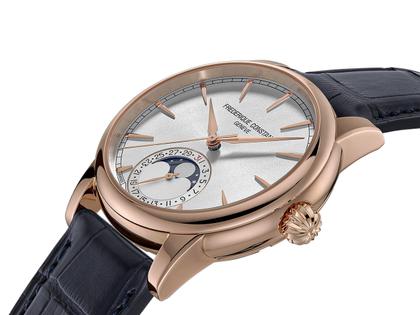 Frederique Constant Classic Moonphase Date Manufacture Automatik Roségold 40mm silbernes Zifferblatt blaues Lederband – Herrenuhren Uhr mit Datum aus 750 Rotgold. Das Gehäuse ist rund und roségold. Das Lederarmband Kroko / Alligator ist blau. Das Zifferblatt ist ein Index in silber. – Ansicht 2
