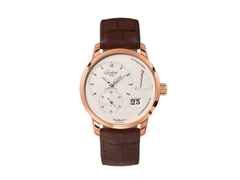 Glashütte Original PanoReserve Handaufzug Rotgold 40mm silbernes Zifferblatt braunes Lederband – Herrenuhren Uhr mit Datum aus 750 Rotgold. Das Gehäuse ist rund und roségold. Das Lederarmband Kroko / Alligator ist braun. Das Zifferblatt ist ein Index in silber.