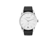 Nomos Glashütte Zürich Datum Automatik Edelstahl 40mm weißes Zifferblatt schwarzes Lederband – Herrenuhren Uhr mit Datum aus Edelstahl und Leder. Das Gehäuse ist rund und silber. Das Lederarmband ist schwarz. Das Zifferblatt ist ein Index in silber.
