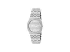 Gucci 25H Quarz Edelstahl 30mm silbernes Zifferblatt Metallband YA163501 – Damenuhren Uhr ohne Datum aus Edelstahl. Das Gehäuse ist rund und silber. Das Edelstahlarmband ist silber. Das Zifferblatt ist ohne Zeichen und silber.
