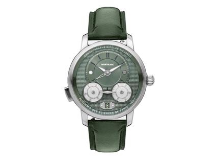 Montblanc Star Legacy Nicolas Rieussec Chronograph Automatik Edelstahl 43mm grünes Zifferblatt grünes Lederband – Herrenuhren Chronograph aus Edelstahl und Leder. Das Gehäuse ist rund und silber. Das Lederarmband ist grün. Das Zifferblatt ist ein Index in grün.