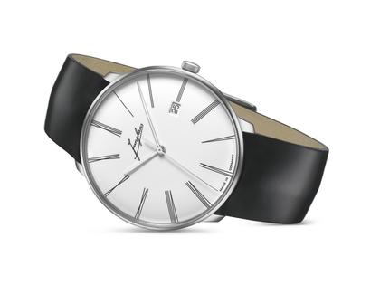Junghans Meister fein Automatic Edition Erhard Weißgold 39,5mm weißes Zifferblatt schwarzes Lederband – Herrenuhren Uhr mit Datum aus 750 Weißgold. Das Gehäuse ist rund und silber. Das Lederarmband ist schwarz. Das Zifferblatt ist römisch und weiß. – Ansicht 3