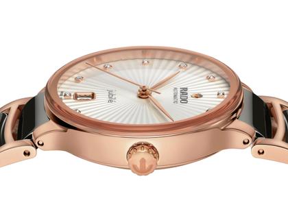 Rado Centrix Diamonds Automatik Edelstahl Roségold-PVD 35mm weißes Zifferblatt mit Brillanten Metallband – Damenuhren Uhr mit Datum aus Edelstahl, Keramik und PVD beschichtet. Das Gehäuse ist rund und roségold. Das Keramikarmband ist grau. Das Zifferblatt ist ein Index in weiß. – Ansicht 3
