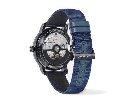 Montblanc Star Legacy Nicolas Rieussec Monopusher Automatik Chronograph Limited Edition – Herrenuhren Chronograph aus DLC beschichtet und Edelstahl. Das Gehäuse ist rund und schwarz. Das Lederarmband Kroko / Alligator ist blau. Das Zifferblatt ist arabisch und grau. – Ansicht 4