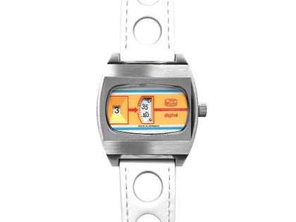 UMF Ruhla Scheibenuhr Automatik mit springender Stunde Edelstahl 41mm  Final Edition oranges Zifferblatt weißes Lederband limitiert – Herrenuhren Uhr ohne Datum aus Edelstahl und Leder. Das Gehäuse ist tonneauform und silber. Das Lederarmband ist rot. Das Zifferblatt ist digital und rot.