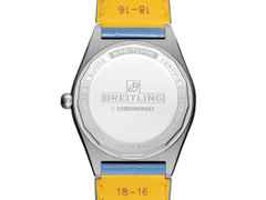 Breitling Chronomat Automatic 36 South Sea Edelstahl blaues Zifferblatt mit Brillanten und bunten Saphiren blaues Lederband – Damenuhren Uhr mit Datum aus 750 Weißgold, Edelstahl und Leder. Das Gehäuse ist rund und silber. Das Lederarmband Kroko / Alligator ist blau. Das Zifferblatt ist ein Index in blau. – Ansicht 2