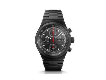 Porsche Design Chronograph 1 - 50 Jahre 911 Turbo Edition Automatik Titan 40mm schwarzes Zifferblatt Metallband und Textilband limitiert – Herrenuhren Chronograph aus Titan und Titancarbid beschichtet. Das Gehäuse ist rund und schwarz. Das Titanarmband ist schwarz. Das Zifferblatt ist arabisch Index und schwarz. – Ansicht 2