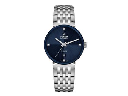 Rado Florence Automatik Edelstahl 39mm blaues Zifferblatt mit Brillanten Metallband – Herrenuhren Uhr mit Datum aus Edelstahl. Das Gehäuse ist rund und silber. Das Edelstahlarmband ist silber. Das Zifferblatt ist ein Index in blau.